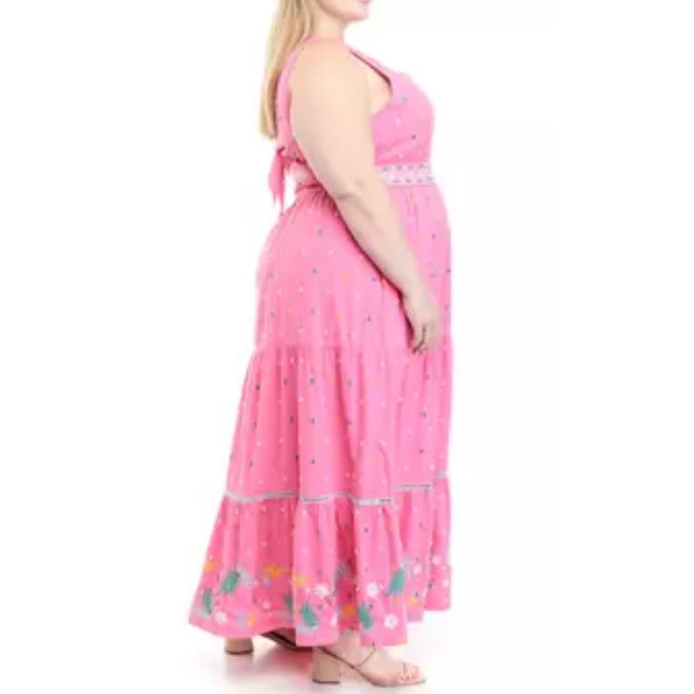 Crown & Ivy Plus‎ Pink & Multicolor Embroidered Tie Back Maxi Dress Size 18W - Picture 3 of 12